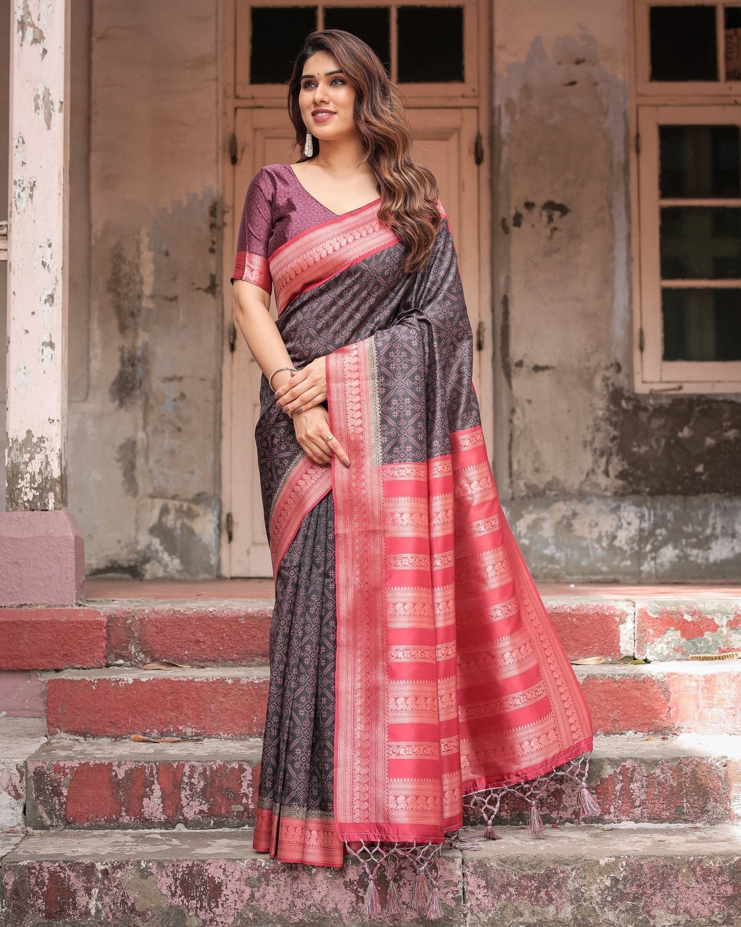 Pure Banarasi Digitally Printed Silk Saree Weaved With Zari Comes With Tassels - Almaari Fashion