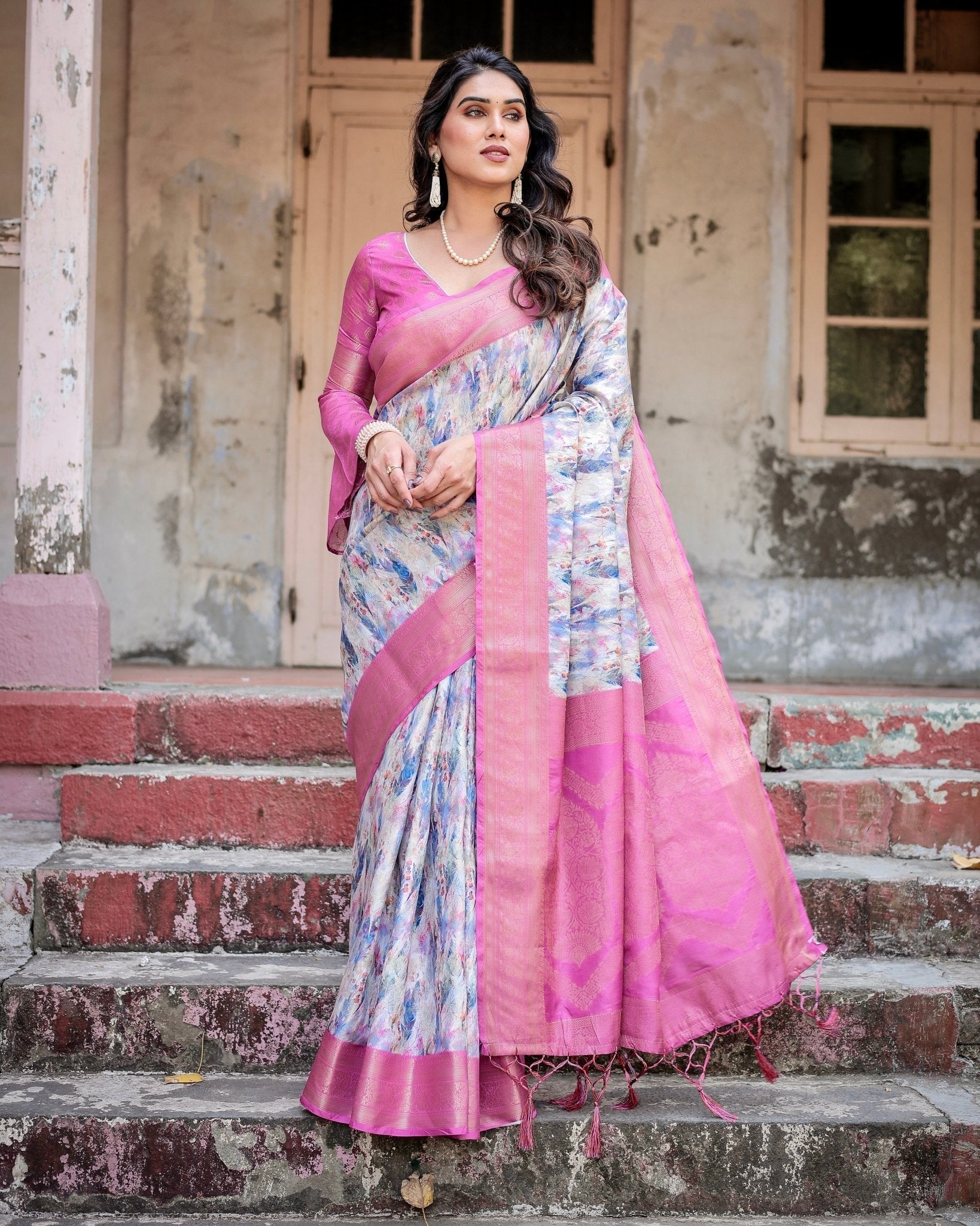 Pure Banarasi Silk Saree Weaved With Golden Zari Comes With Tassels - Almaari Fashion